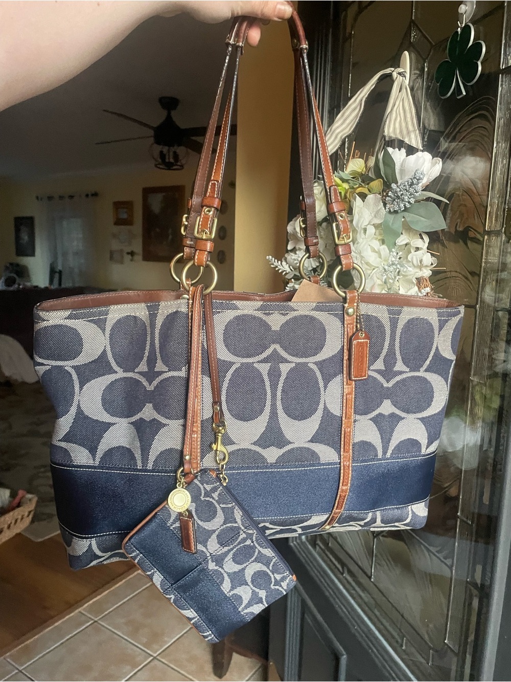 Vintage Y2K coach denim legacy signature canvas tote bag ft brown leather trim
